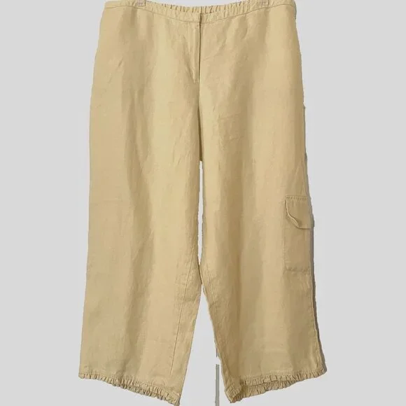 J. Jill Yellow Linen Crop Cargo Pants Bloomers Large Ruffle Trim - Picture 1 of 9